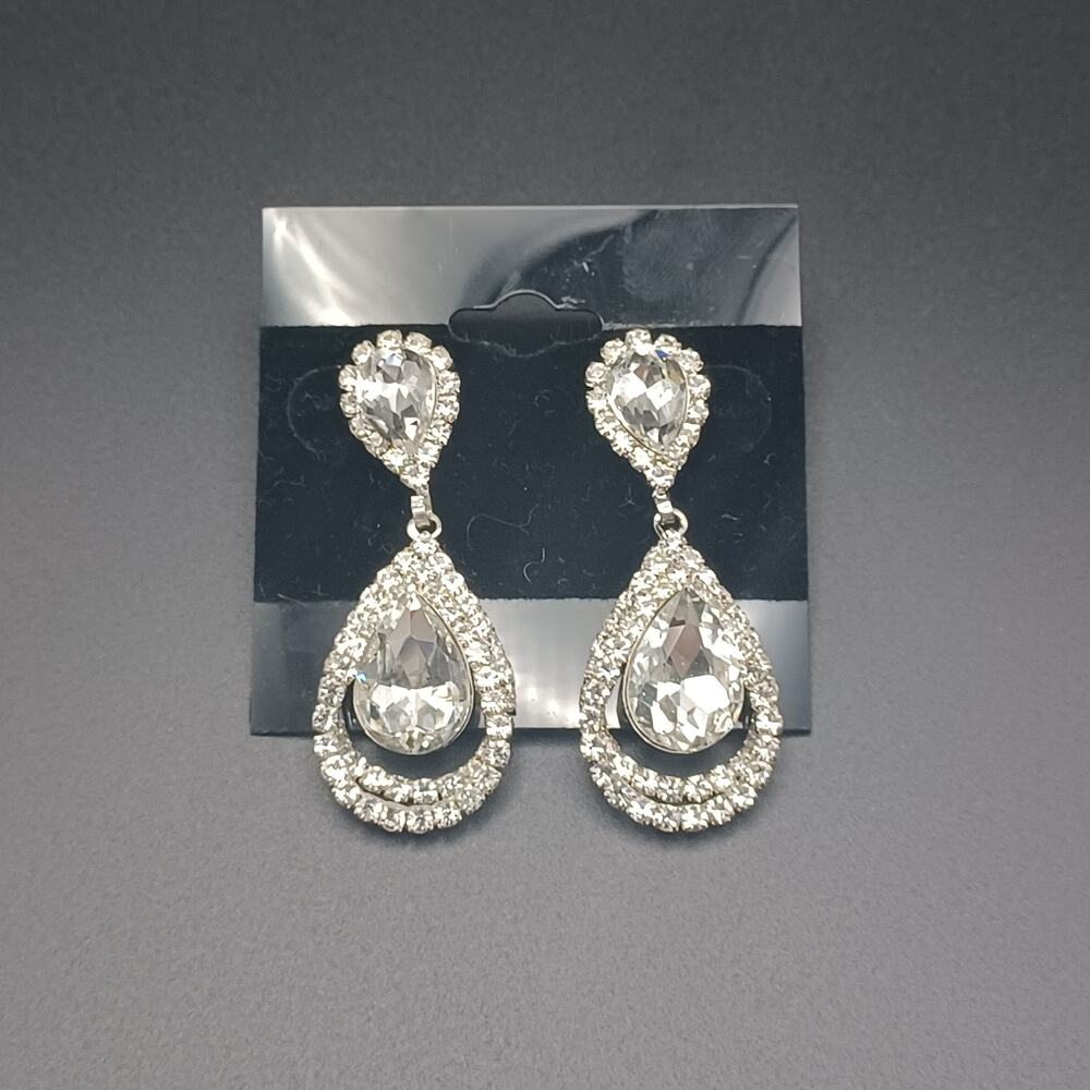 Silver Dangle Drop Earrings Clear Teardrop Prom Wedding Statement